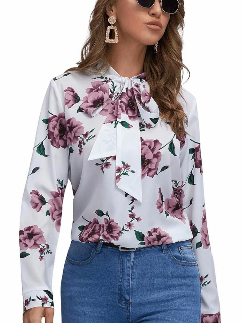 Floral Tie-Neck Long Sleeve Blouse - White with Mauve Flowers